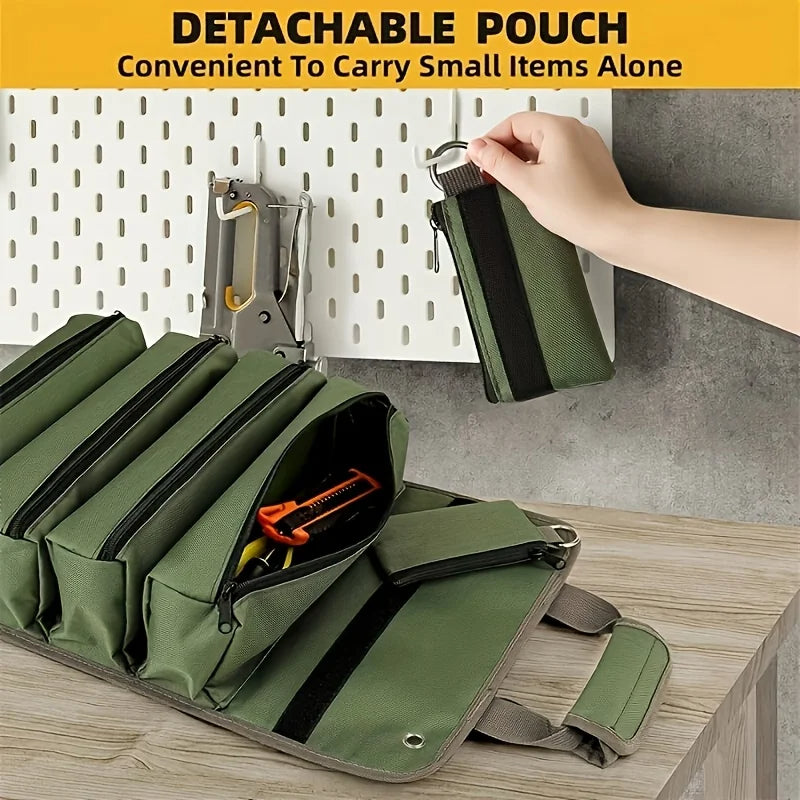 Heavy-Duty Roll-Up Tool Bag in green with multiple zip pockets for organized tools