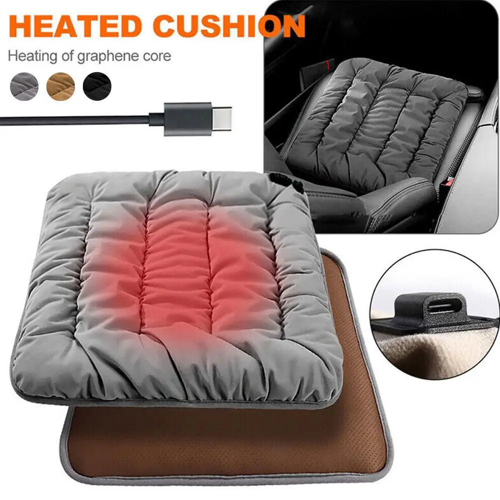 Car heated seat cushion with graphene core heating; gray fabric and USB-C power cord shown on a car seat.