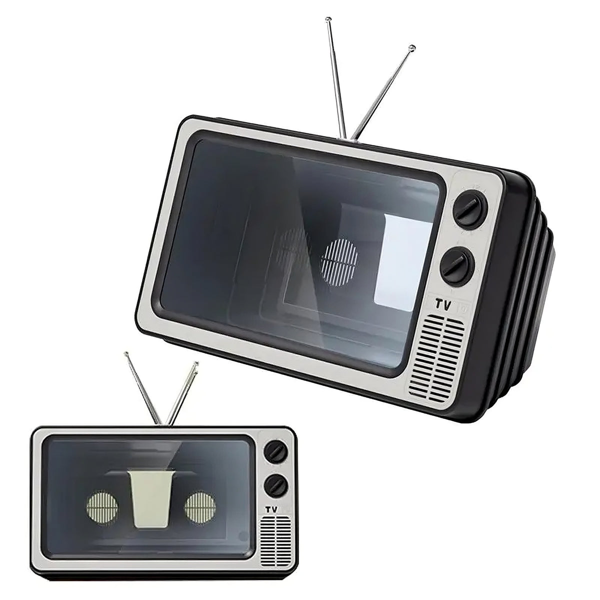 Screen Magnifier for Phones by ViralGalleria.com; three retro TV-style magnifiers in black and silver with antennas.