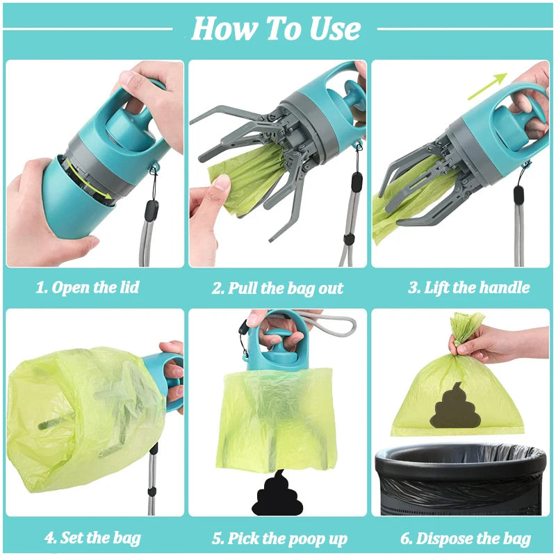 Portable Dog Poop Scooper by ViralGalleria.com, teal device with lime-green poop bags and instructional panels