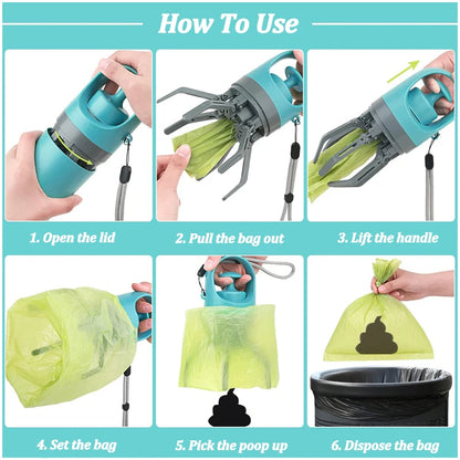 Portable Dog Poop Scooper by ViralGalleria.com, teal device with lime-green poop bags and instructional panels