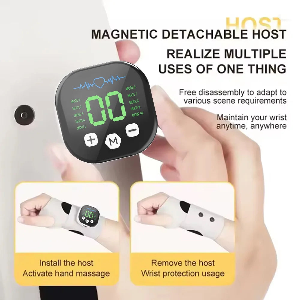 EMS Wrist Massager by ViralGalleria.com; black square host with green LED display worn on the wrist