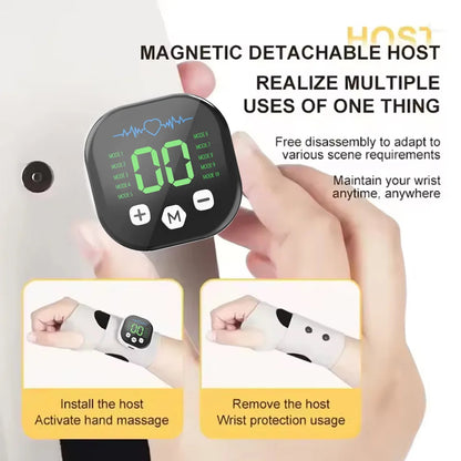 EMS Wrist Massager by ViralGalleria.com; black square host with green LED display worn on the wrist