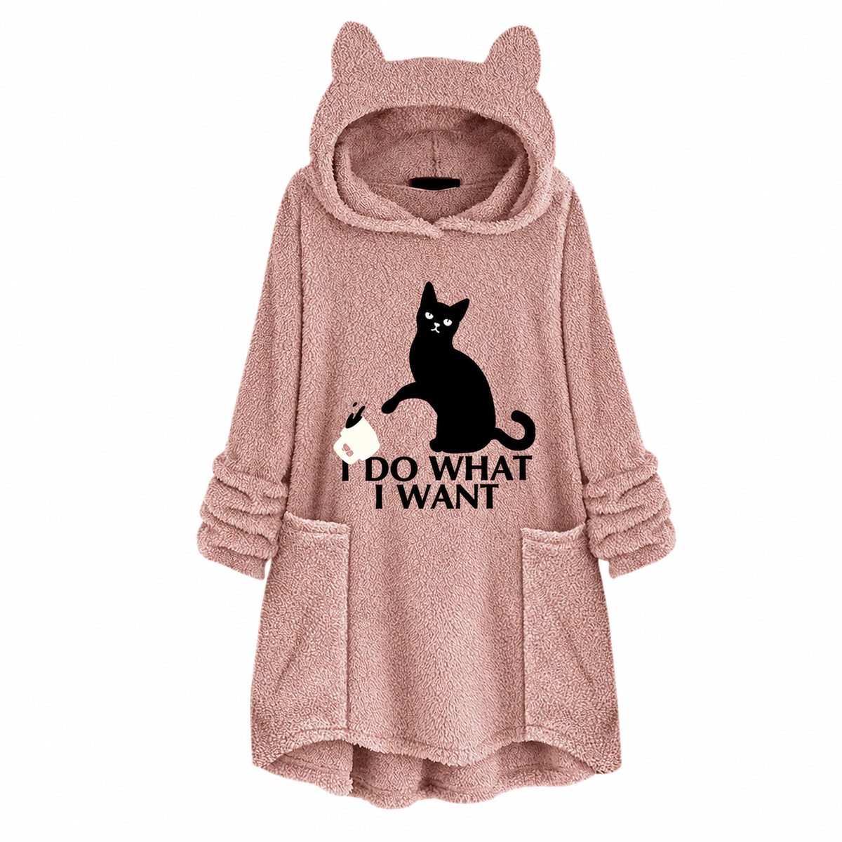 Cat Print Longline Fleece Hoodie