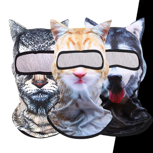 Three 3D animal face balaclavas in black cat, orange cat and husky designs. 
Three cat-themed face masks with different designs on a white background