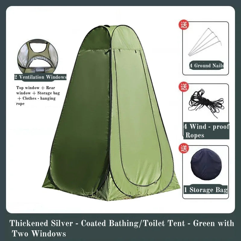 Pop-Up Privacy Tent in olive green with two ventilation windows; includes storage bag and wind-rope set