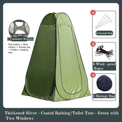 Pop-Up Privacy Tent in olive green with two ventilation windows; includes storage bag and wind-rope set