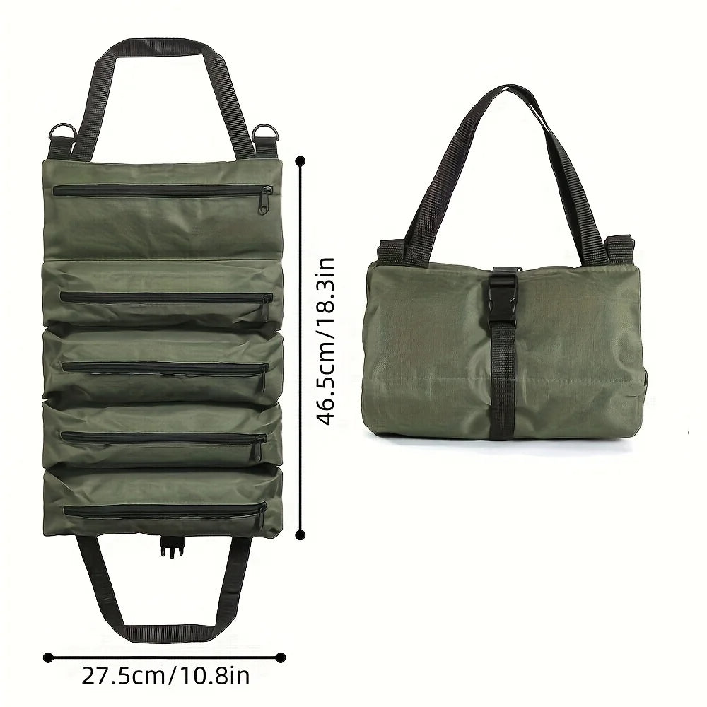 Heavy-Duty Roll-Up Tool Bag in olive green with multiple zippered pockets and dual carry handles