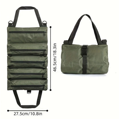Heavy-Duty Roll-Up Tool Bag in olive green with multiple zippered pockets and dual carry handles