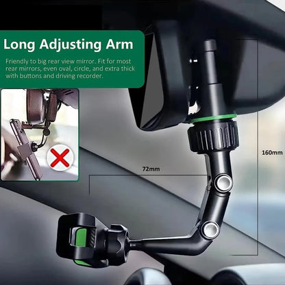 Multifunctional rearview mirror phone holder with long adjustable arm, black with green accents, ViralGalleria.com