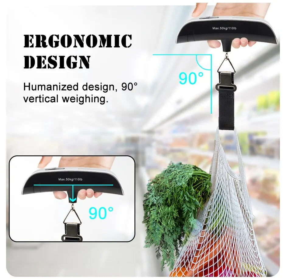 Portable black digital hanging scale by ViralGalleria.com, ergonomic design with strap, 50kg capacity