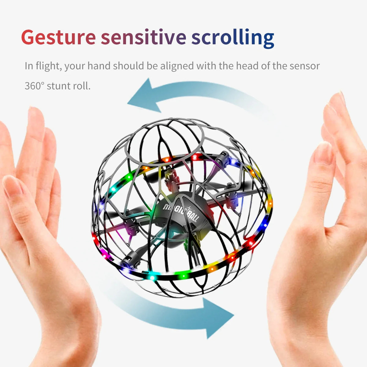 Intelligent Obstacle Avoidance RC Drone with colorful LED-lit spherical cage and gesture control.