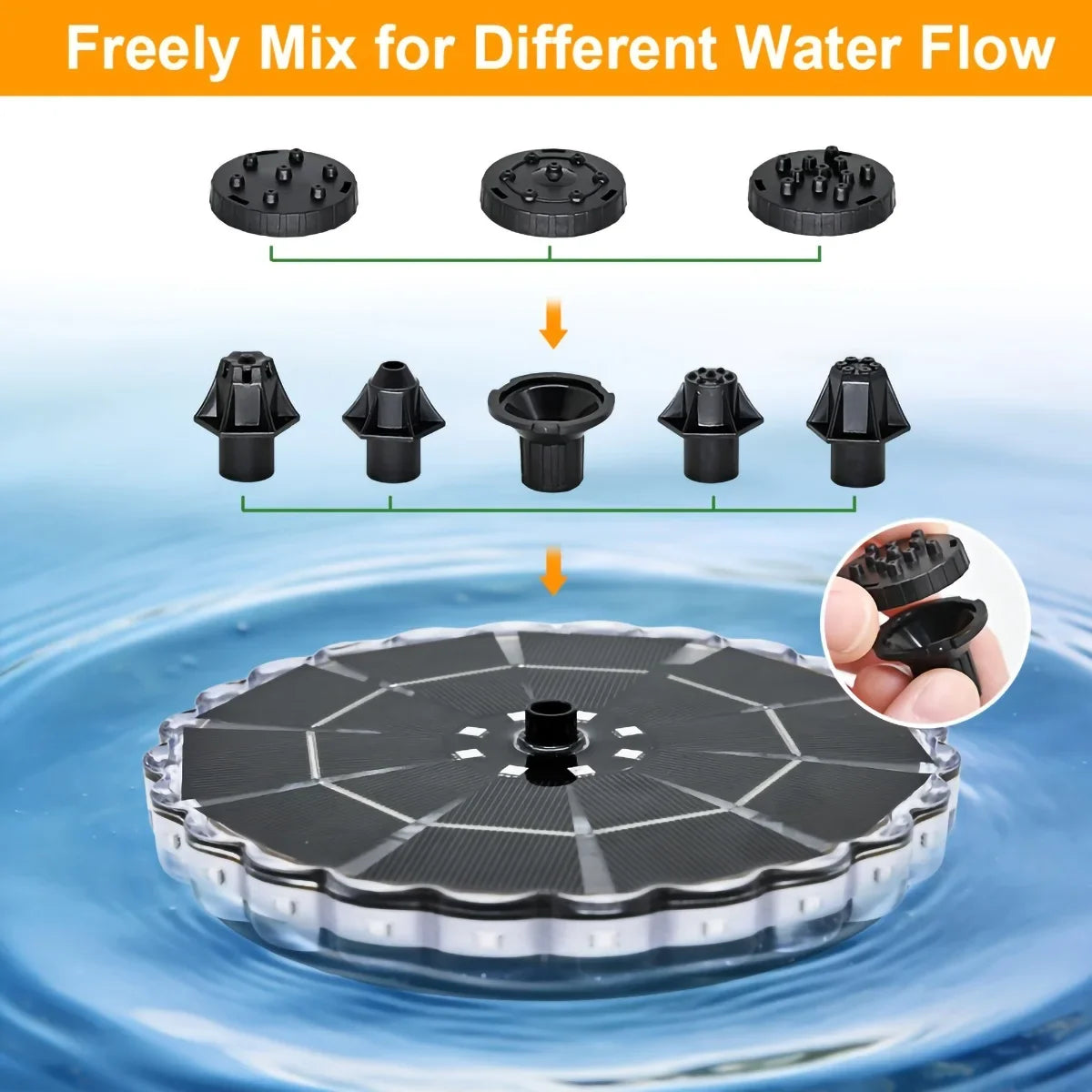 Outdoor Solar Fountain for Garden by ViralGalleria.com; 5-piece black pump parts assemble into circular solar fountain disk