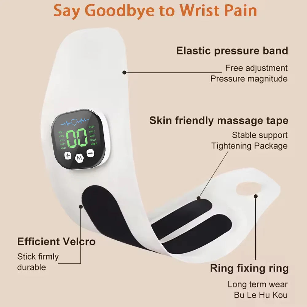 EMS Wrist Massager by ViralGalleria.com; white wrist wrap with black digital control panel and elastic pressure band
