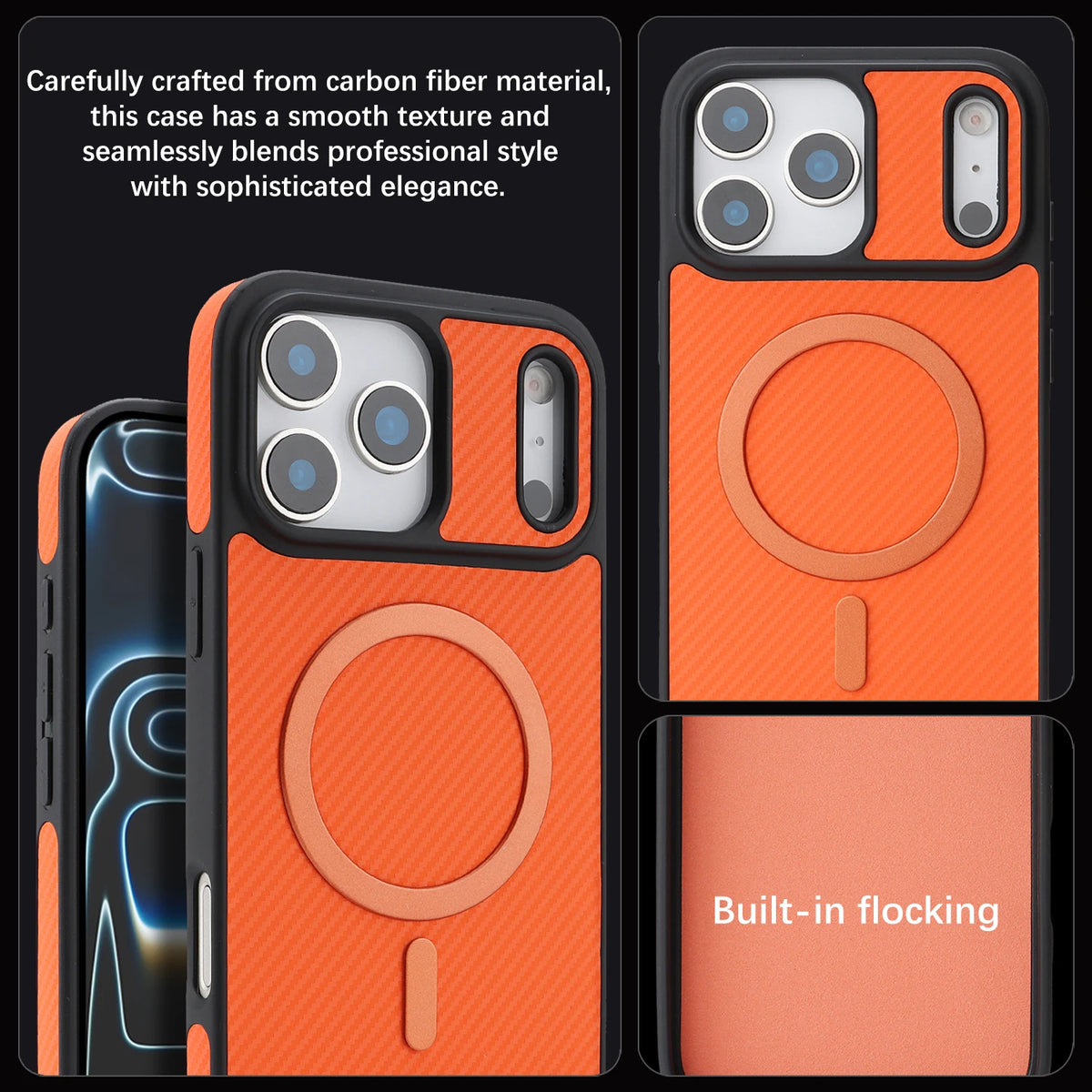 Carbon fiber iPhone case in orange with built-in ring stand by ViralGalleria.com