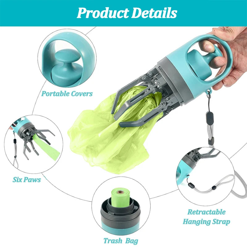 Teal portable dog poop scooper with attached trash bag and retractable strap.