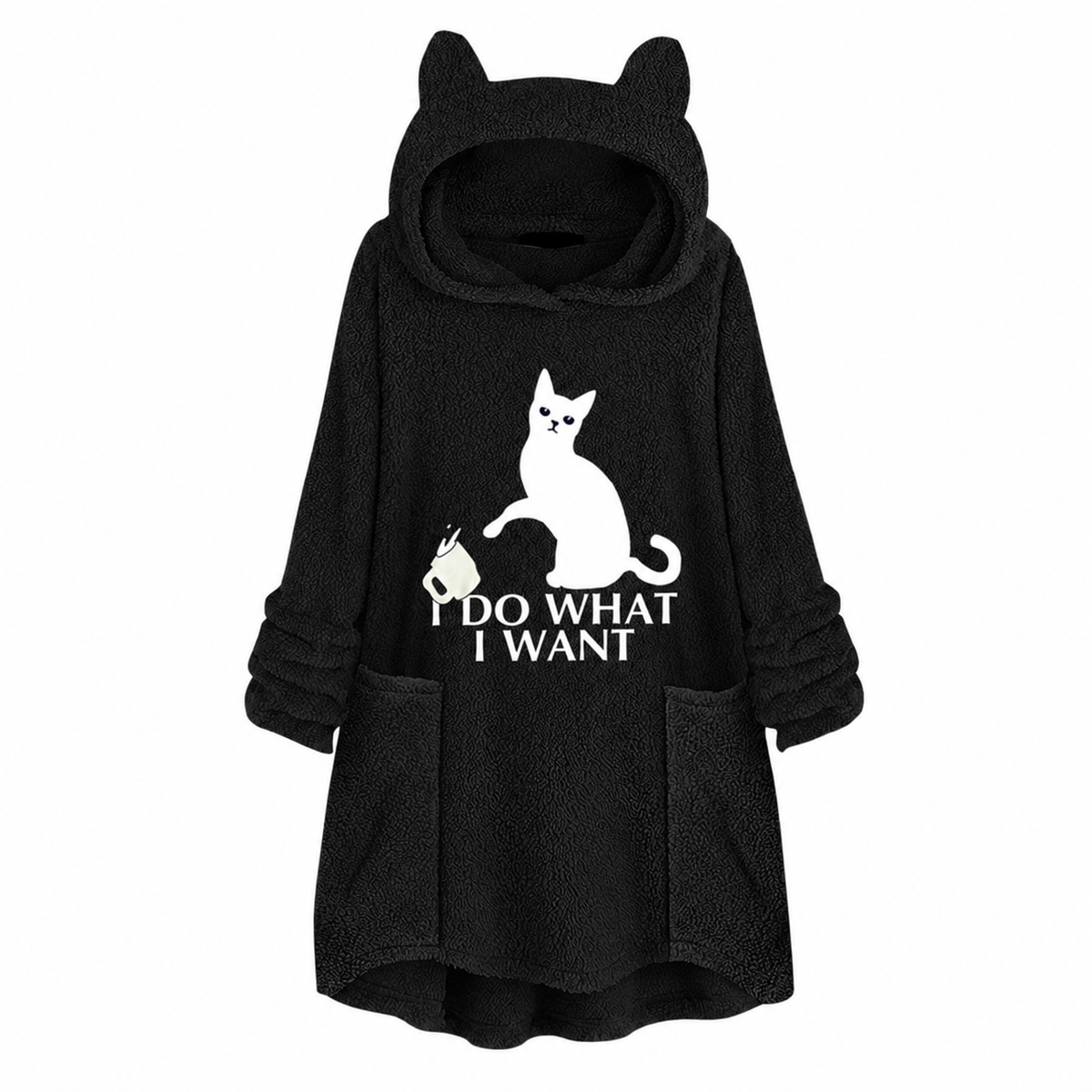Cat Print Longline Fleece Hoodie