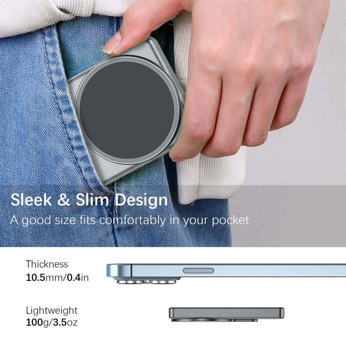 Vlog Selfie Monitor for iPhone, sleek silver pocket-sized camera accessory by ViralGalleria.