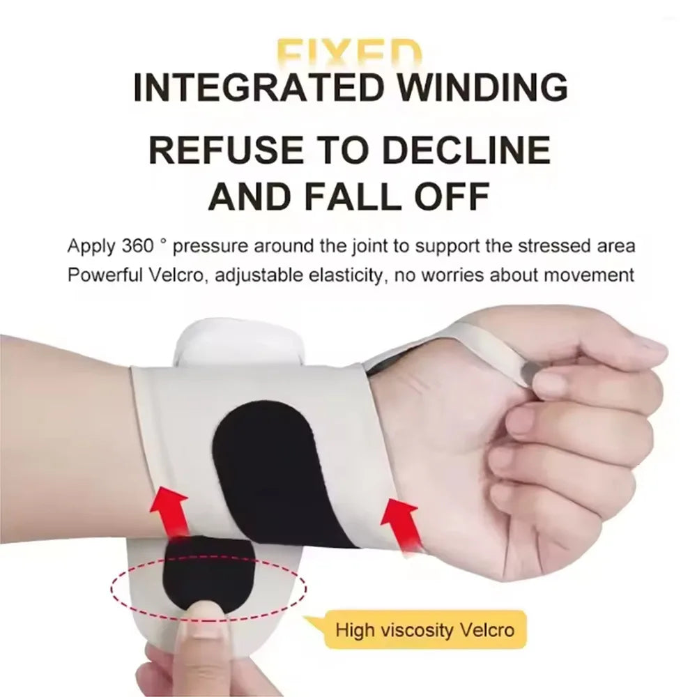EMS Wrist Massager by ViralGalleria.com; white wrist wrap with black pad and adjustable Velcro strap.
