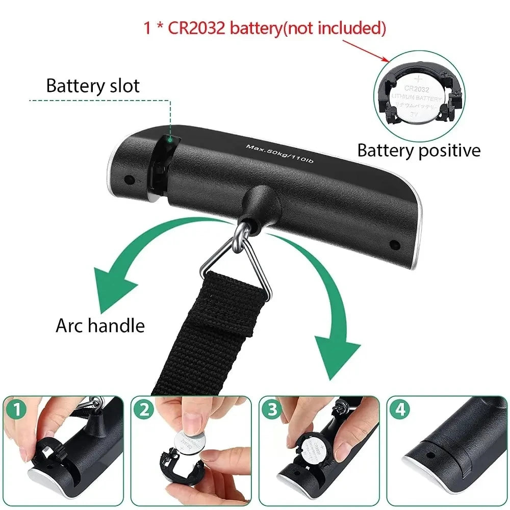 Portable digital scale with black body and hanging strap; 50kg capacity; ViralGalleria.com