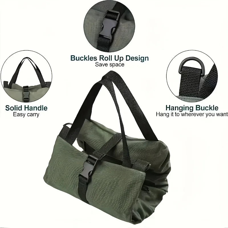 Heavy-Duty Roll-Up Tool Bag olive green with buckle closures and sturdy carrying handles.