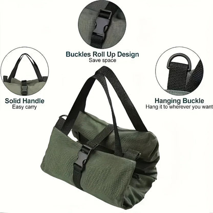 Heavy-Duty Roll-Up Tool Bag olive green with buckle closures and sturdy carrying handles.