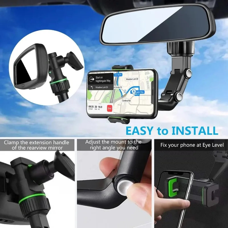 Multifunctional rearview mirror phone holder in black with green accents, clamps to car mirror.