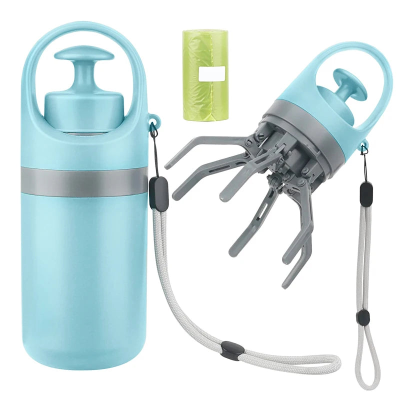 Portable dog poop scooper in light blue with gray fold-out tongs and wrist strap; includes bag roll.