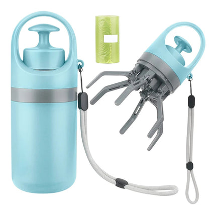 Portable dog poop scooper in light blue with gray fold-out tongs and wrist strap; includes bag roll.