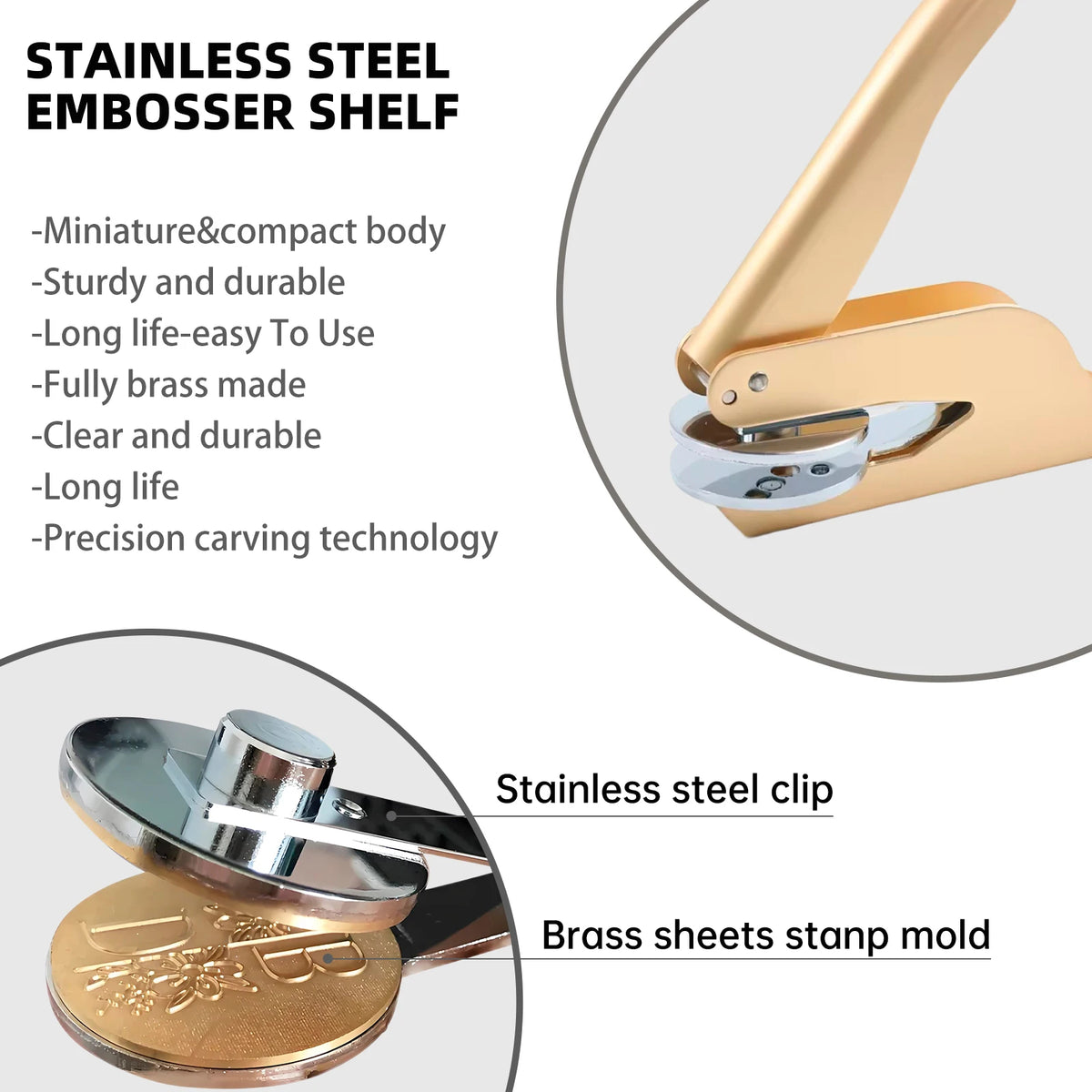 Custom Embosser for Books by ViralGalleria.com; 3-piece set with gold handheld embosser, brass sheets stand mold, clip