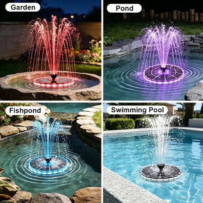 Outdoor Solar Fountain for Garden by ViralGalleria.com, four LED-lit fountain displays in garden, pond, fishpond, pool.