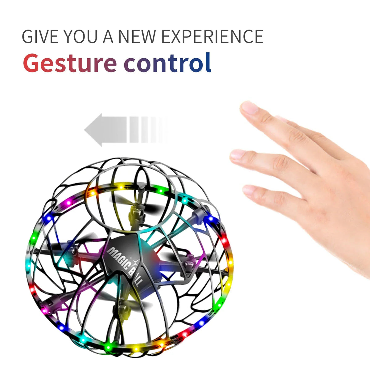 Intelligent Obstacle Avoidance RC Drone with gesture control; spherical cage frame with multicolor LED lights.