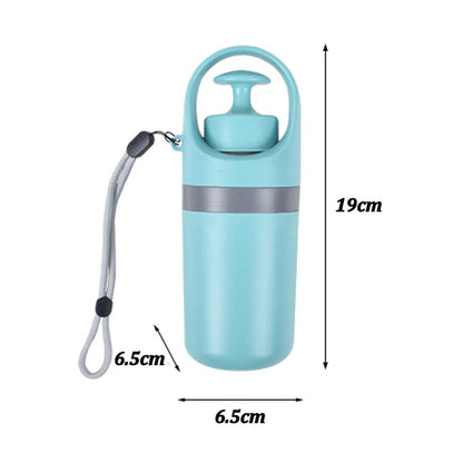 Portable dog poop scooper in turquoise plastic with wrist strap, 19cm tall