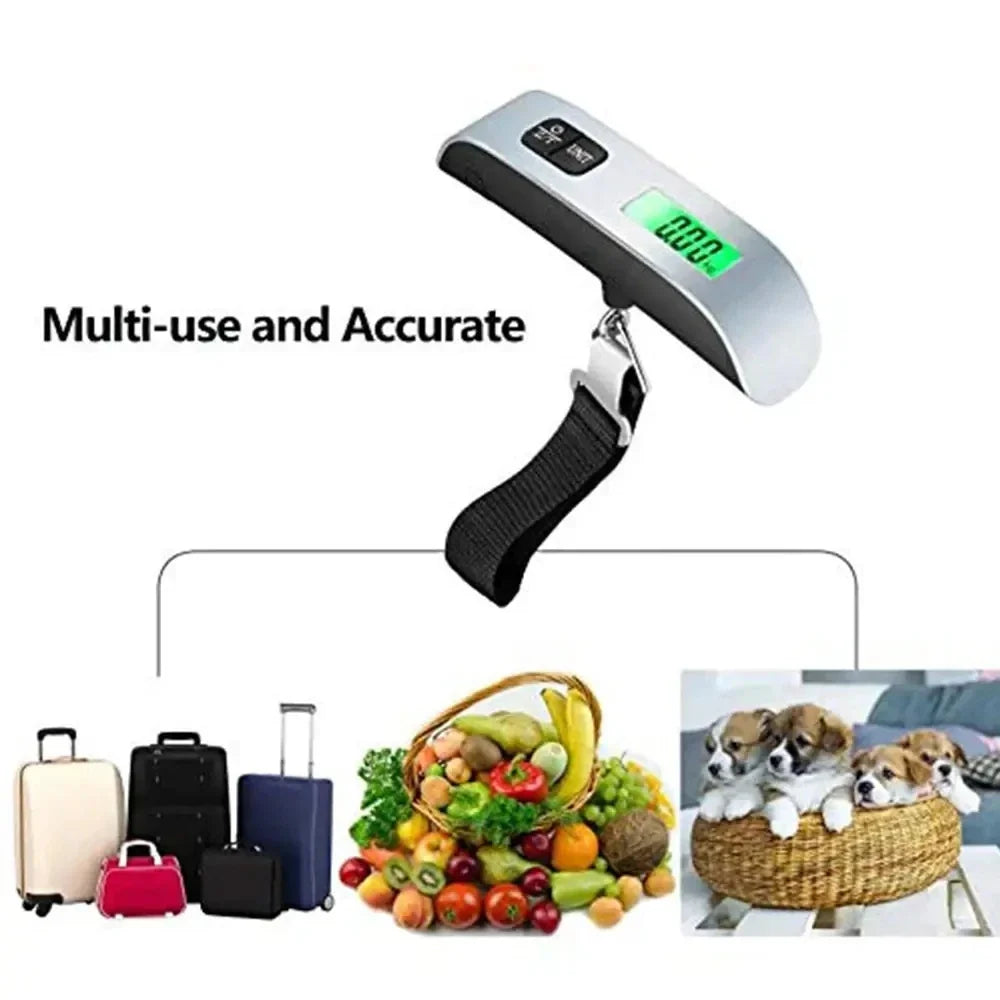 Portable digital hanging scale with strap; weighs luggage, groceries, and household items.