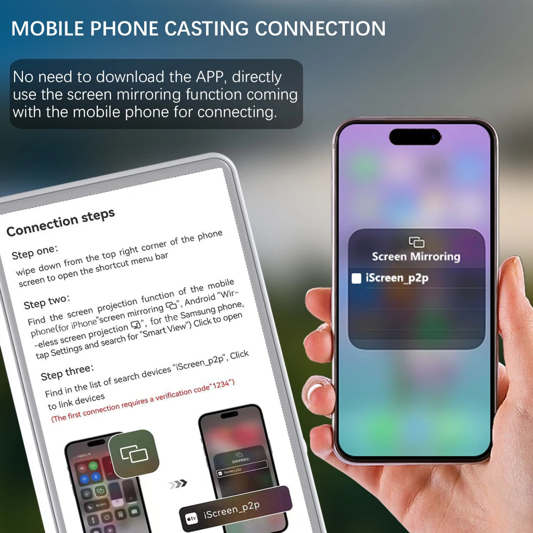 Vlog Selfie Monitor Screen for iPhone; two devices shown with screen mirroring panel and connection steps.