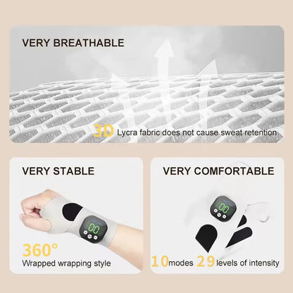 EMS Wrist Massager by ViralGalleria.com, gray fabric wrap with LED display and 360° wrap design