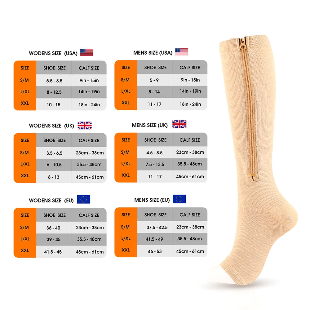Zipper compression socks, beige knee-high with side zipper detail