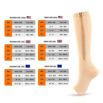 Zipper compression socks, beige knee-high with side zipper detail