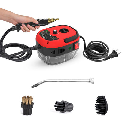 2500W high pressure steam cleaner in red and black with 5-piece wand and brush accessory set.