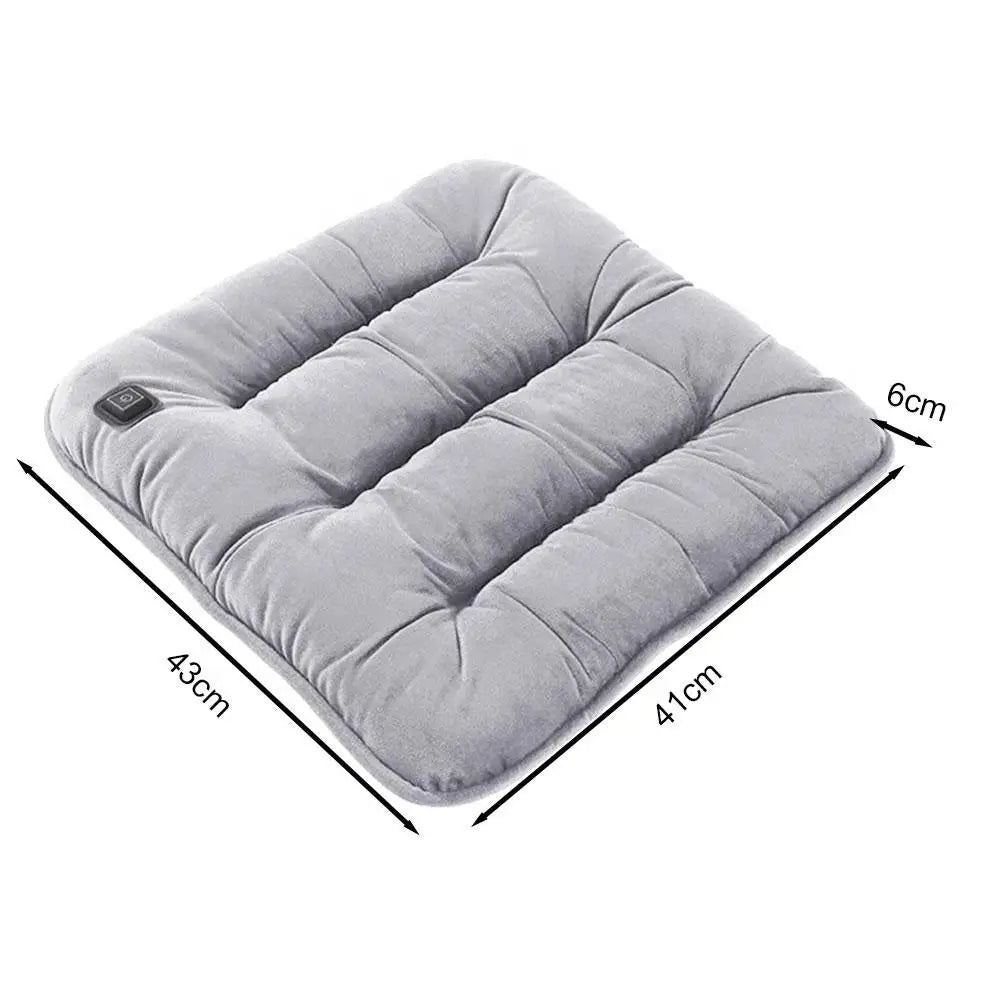 Car heated seat cushion, gray quilted pad with on/off switch; 43 x 41 x 6 cm.