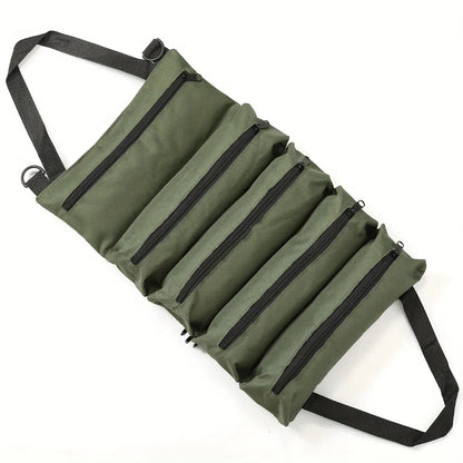 Heavy-Duty Roll-Up Tool Bag in olive green with multiple zip pockets by ViralGalleria.com