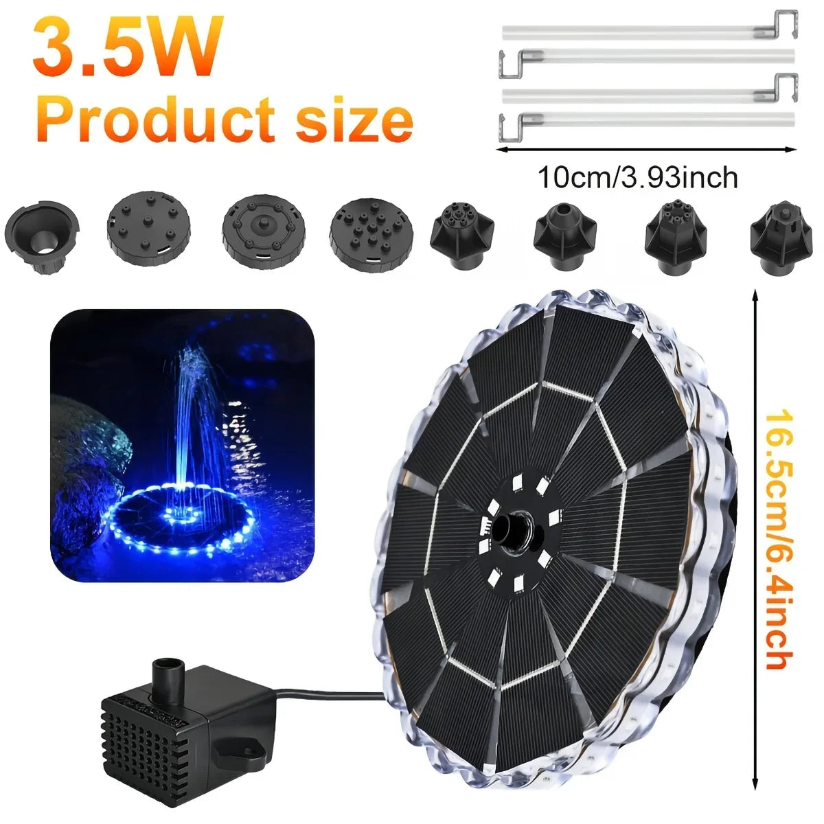 Outdoor Solar Fountain for Garden by ViralGalleria.com; 3.5W solar kit with blue LED and multiple nozzle tips