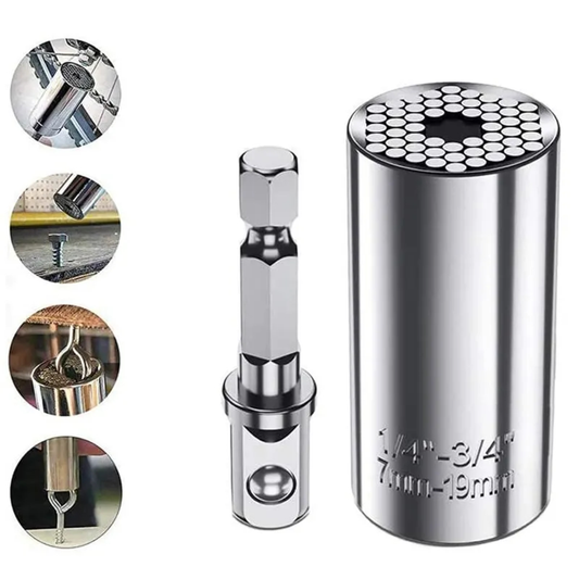 7–19mm universal socket adapter set with drive adapter and fastener examples.
A silver metal socket extension tool shown on a white background, with a large main view of the cylindrical socket and a smaller central view, plus four circular inset photos demonstrating use in tightening fasteners, pouring liquid, lifting a bucket, and hanging a hook.