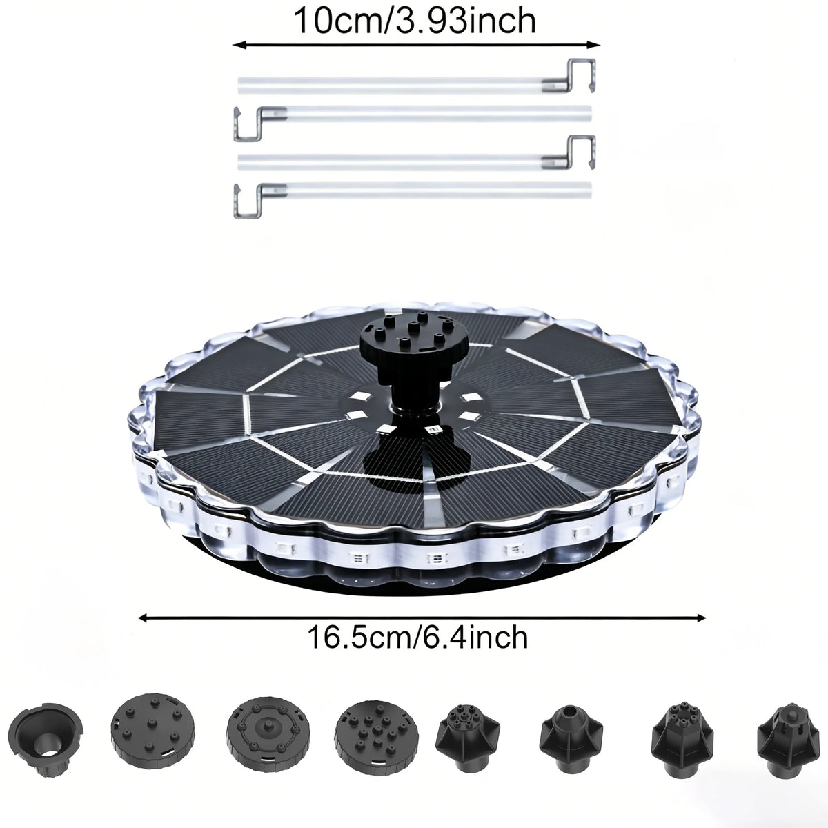 Outdoor solar fountain kit by ViralGalleria.com for garden with 4 white tubes and mounting hardware
