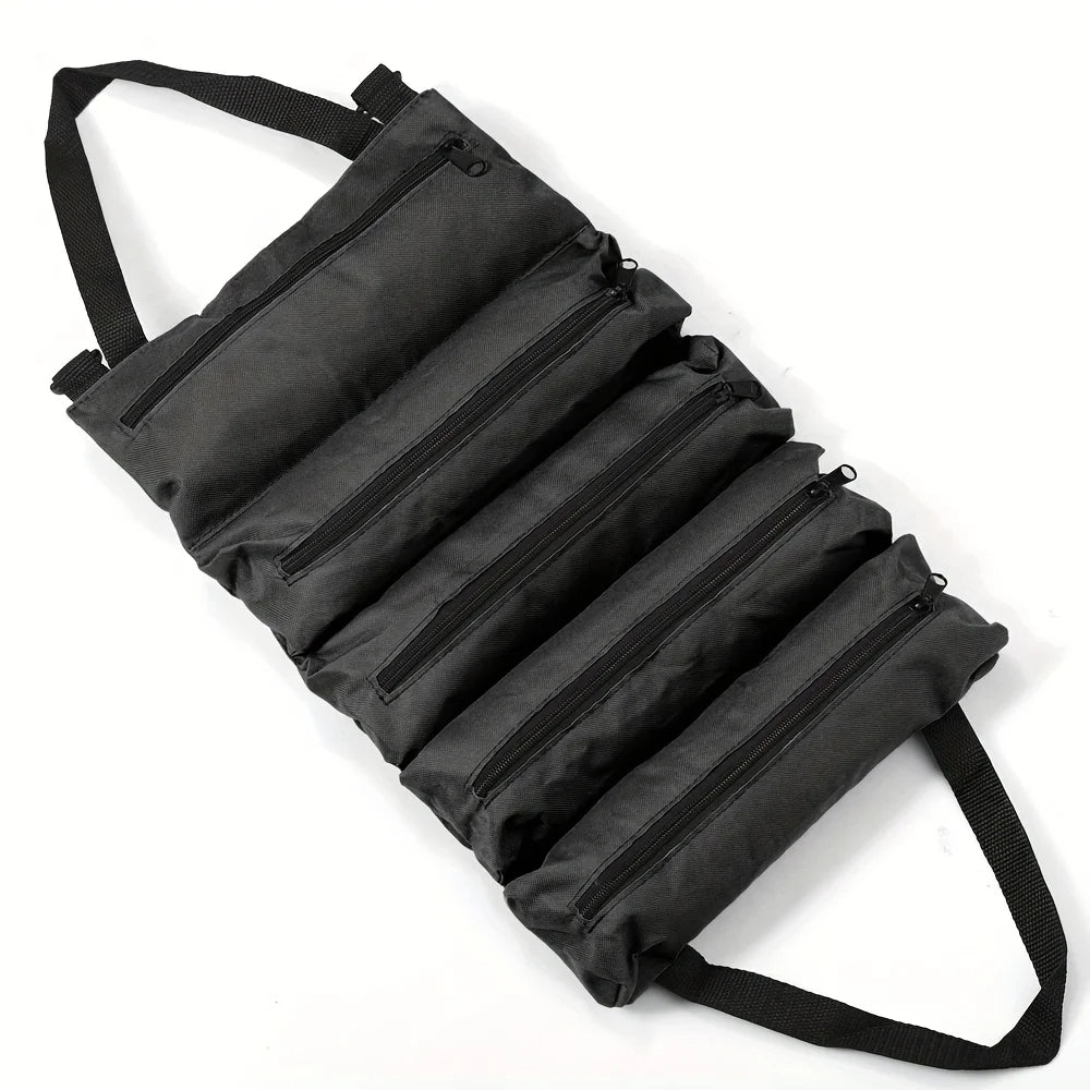 Heavy-Duty Roll-Up Tool Bag in black with five zippered pockets and carrying handles