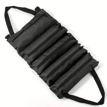 Heavy-Duty Roll-Up Tool Bag in black with five zippered pockets and carrying handles