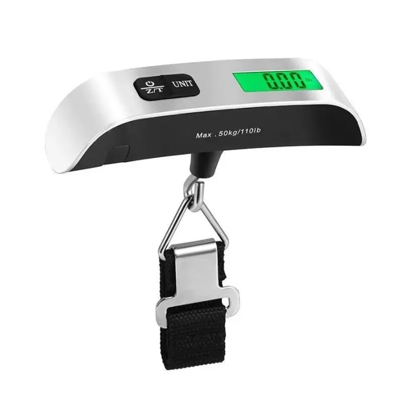 Portable digital scale with white body, black base, and green display.