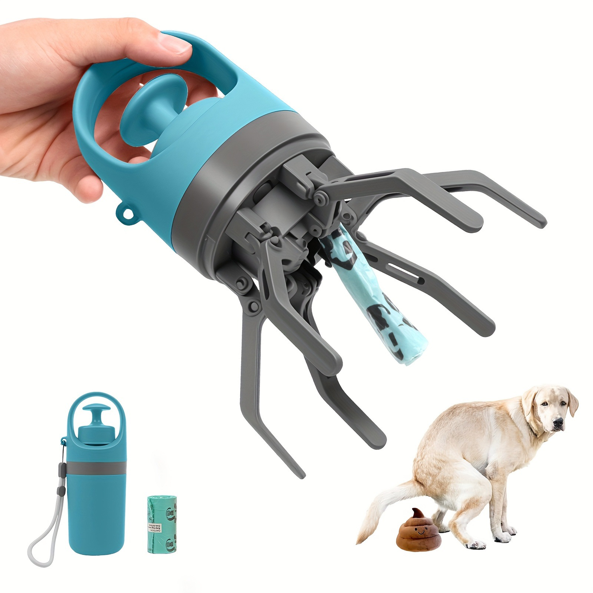 Portable Dog Poop Scooper in teal with gray folding levers and bag dispenser