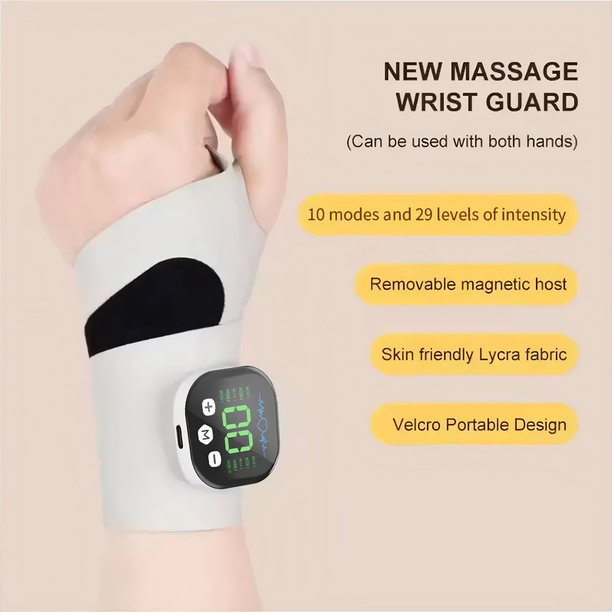 EMS wrist massager on forearm with white fabric and black strap; digital display visible.