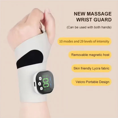 EMS wrist massager on forearm with white fabric and black strap; digital display visible.